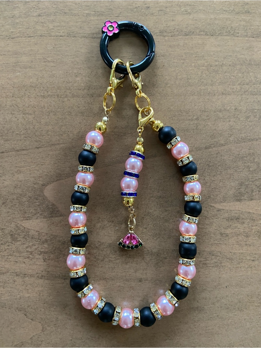 Beaded Pink and Black Charm Phone Wristlet with Gold Accents